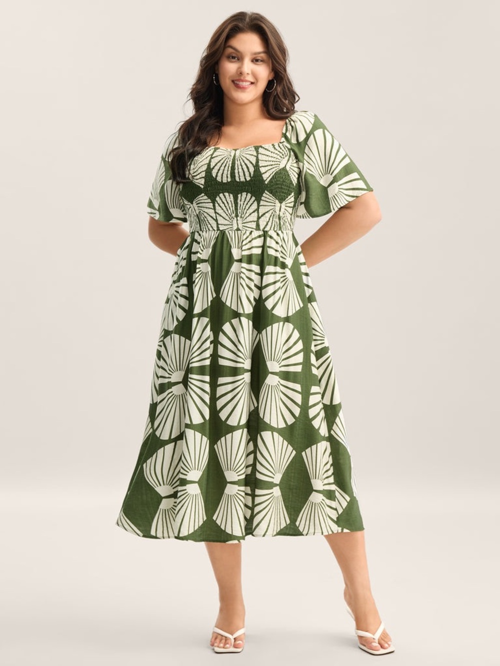 BloomChic Olive & White Geometric Puff Sleeve Midi Dress